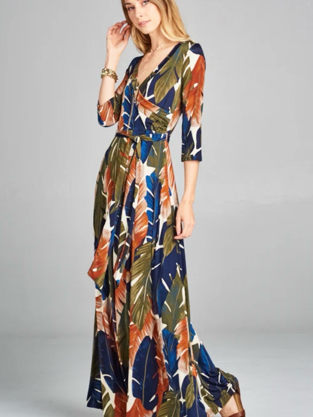 Love Kuza Harvest Flow Venechia Leaf-Print Wrap Maxi Dress with Self-Tie Waist